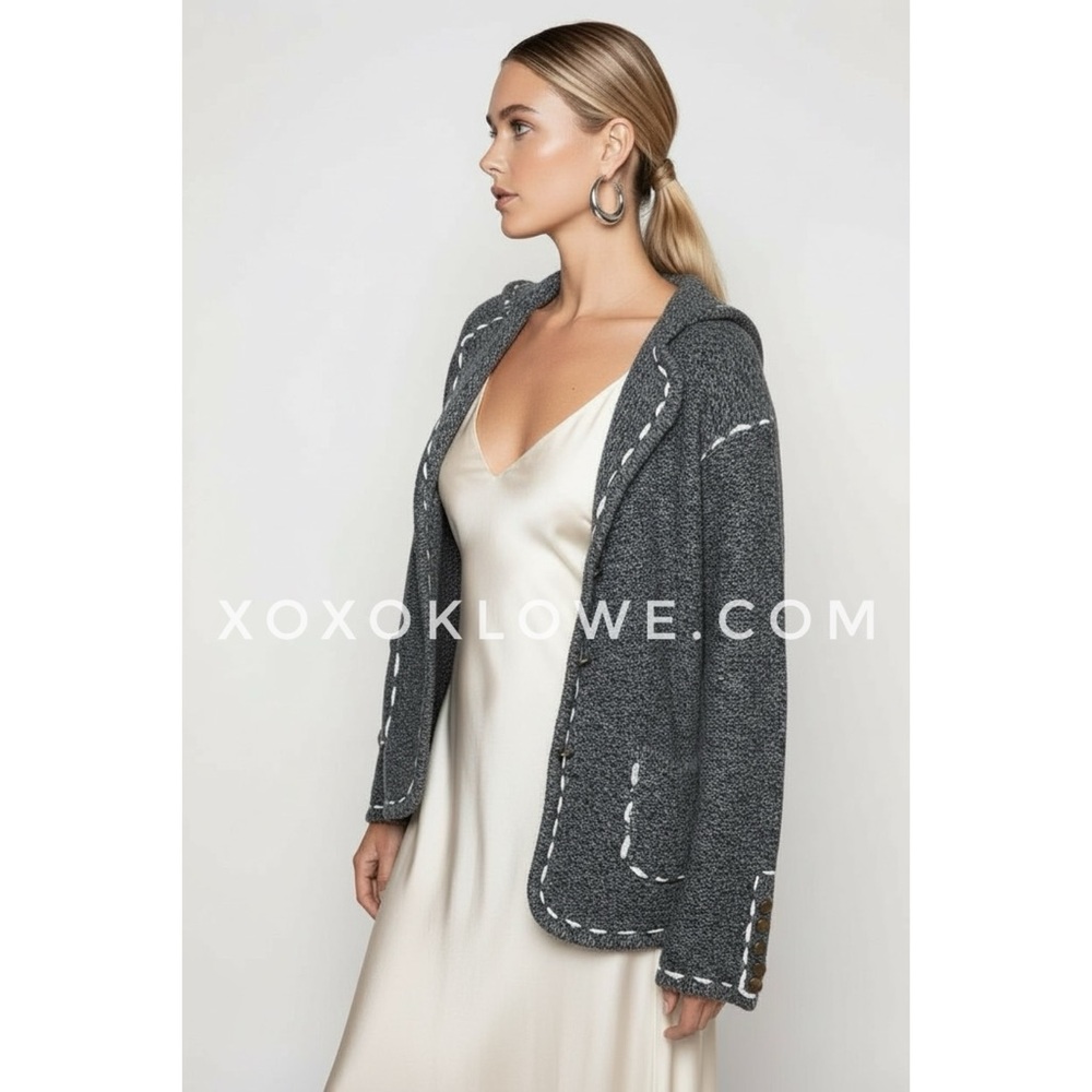 POL Dark Heather Grey Knit Blazer Cardigan | Contrast Stitch Sweater - Picture 7 of 9